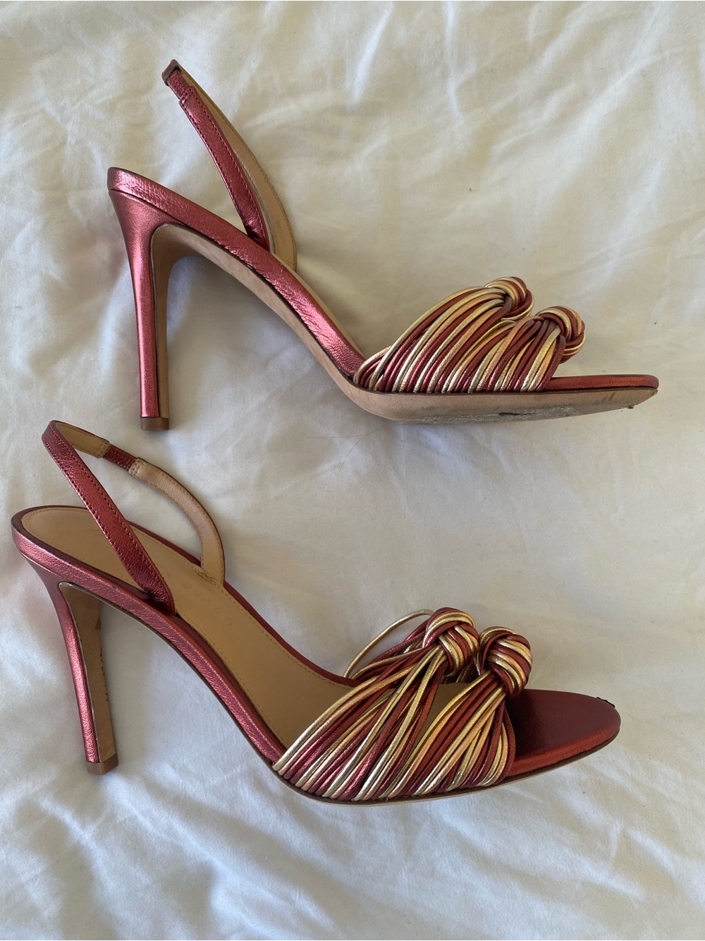 Veronica Beard Metallic Red & Gold Knotted Strap Heels - Picture 7 of 13